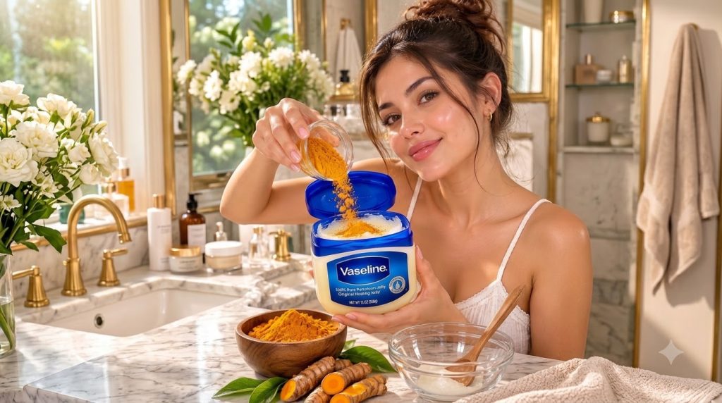 A smiling young woman pouring vibrant turmeric powder into a large tub of Vaseline Petroleum Jelly with turmeric roots a