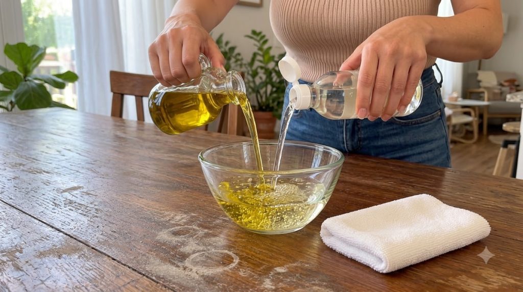 Hands mixing olive oil and white vinegar in a clear glass bowl on a rustic wooden table A clean microfiber cloth is visi