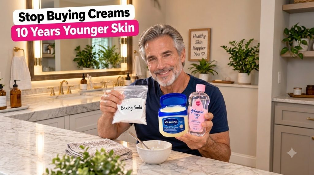 A smiling middle-aged man in a modern bathroom holding up a bag of baking soda in one hand and a tub of Vaseline Healing