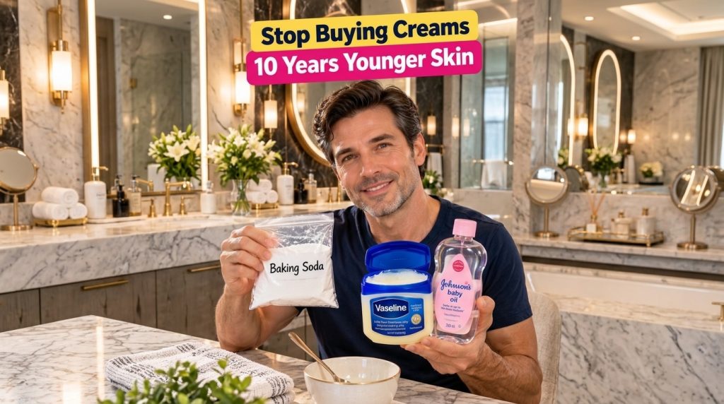 A friendly man in a modern bathroom holding baking soda Vaseline and baby oil with a bowl on the counter for mixing