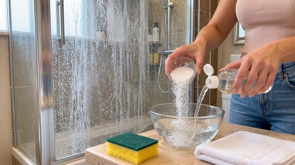 Hands mixing white granular substance salt and clear liquid vinegar in a glass bowl on a kitchen counter with a dirty sh