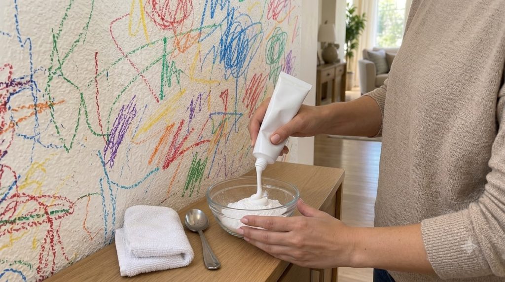 Hands squeezing white toothpaste from a tube into a glass bowl containing white baking soda powder set on a wooden surfa
