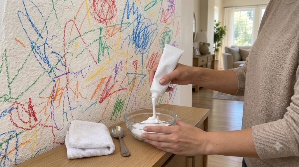 Hands squeezing toothpaste from a tube into a glass bowl filled with white baking soda powder against a background of a 