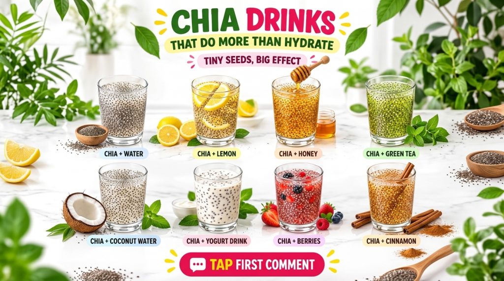 Eight distinct chia drink recipes in clear glasses each labeled with ingredients like Chia Lemon or Chia Berries surroun