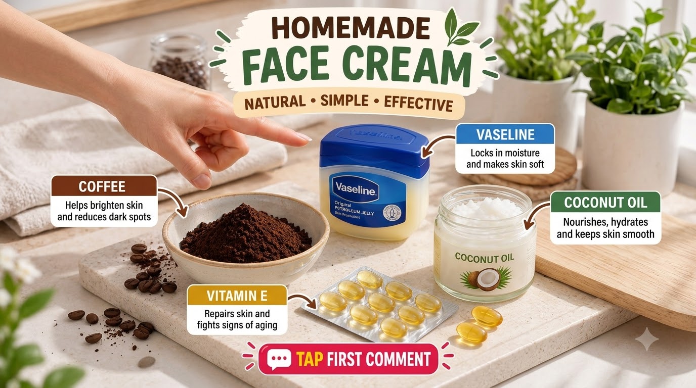 A flat lay of ingredients for homemade face cream including a bowl of ground coffee a jar of Vaseline a jar of coconut o