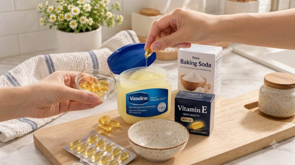 A hand squeezing a Vitamin E capsule into a tub of Vaseline with other capsules and ingredients visible