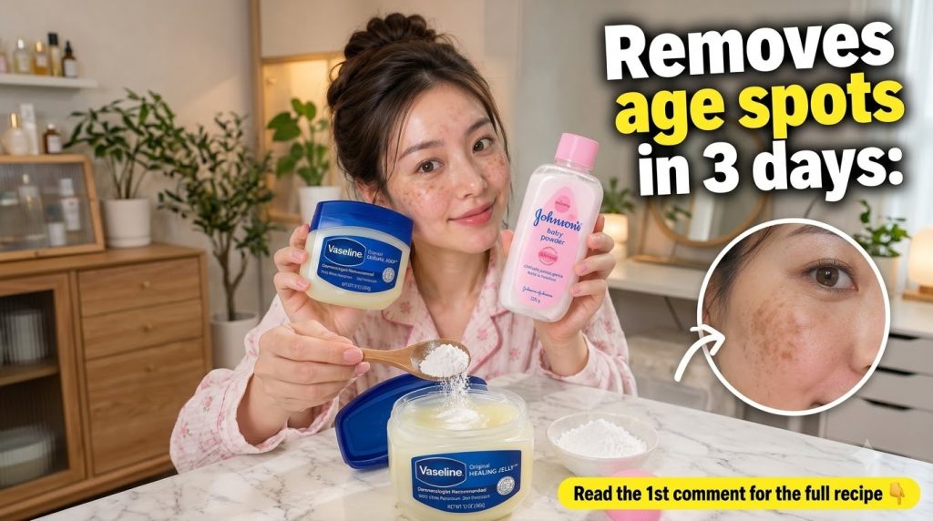 A woman mixing Vaseline Healing Jelly with white baby powder in a container with an inset showing skin with age spots