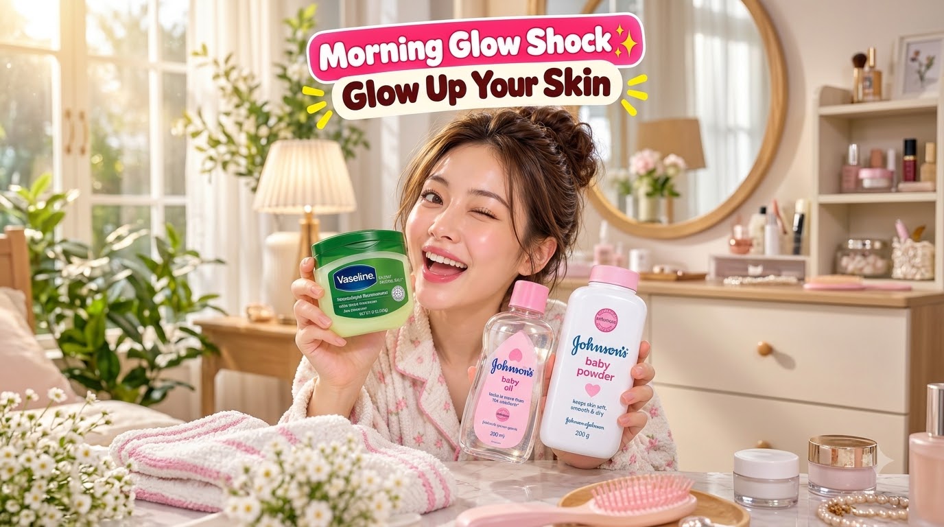 A cheerful young Asian woman winking at the camera holding Vaseline Original Healing Jelly Johnson s Baby Oil and Johnso