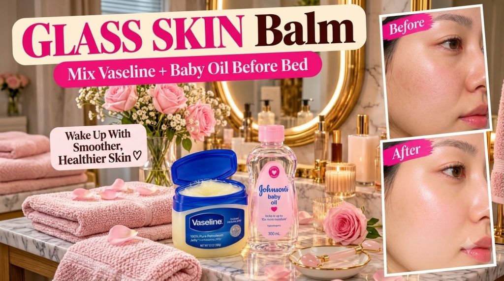 A skincare advertisement featuring Vaseline and Johnson s Baby Oil on a marble countertop with pink roses baby s breath 