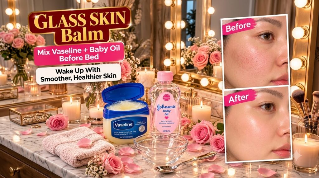 A beautiful arrangement of Vaseline Johnson s Baby Oil an empty glass bowl and a spoon on a marble surface surrounded by