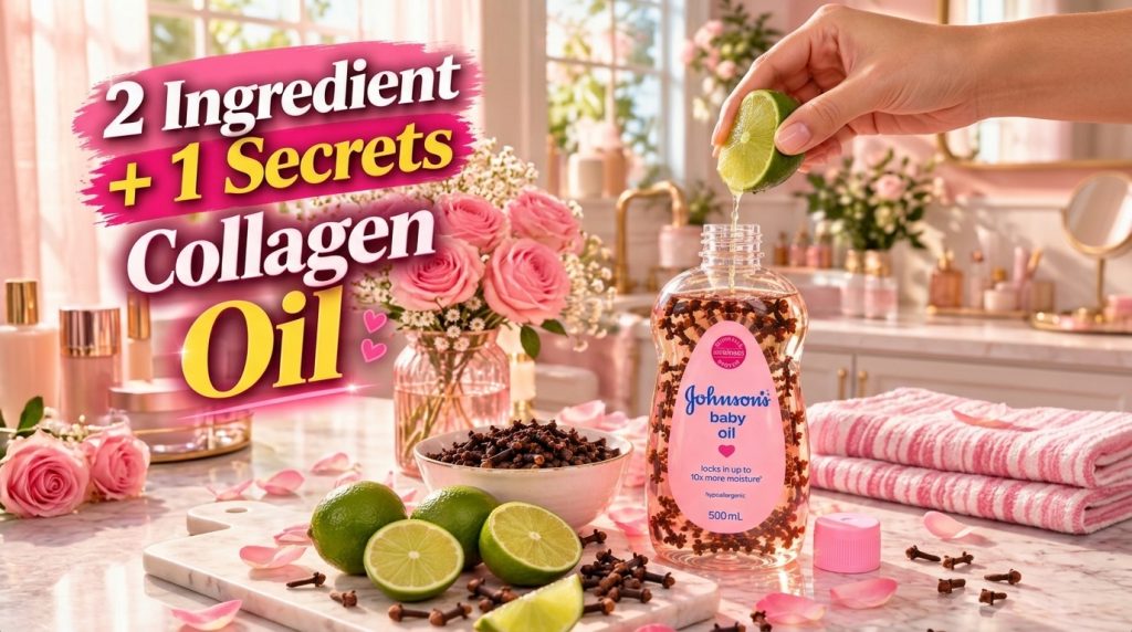A hand squeezing a lime into a bottle of baby oil filled with cloves surrounded by lime halves a bowl of cloves and pink