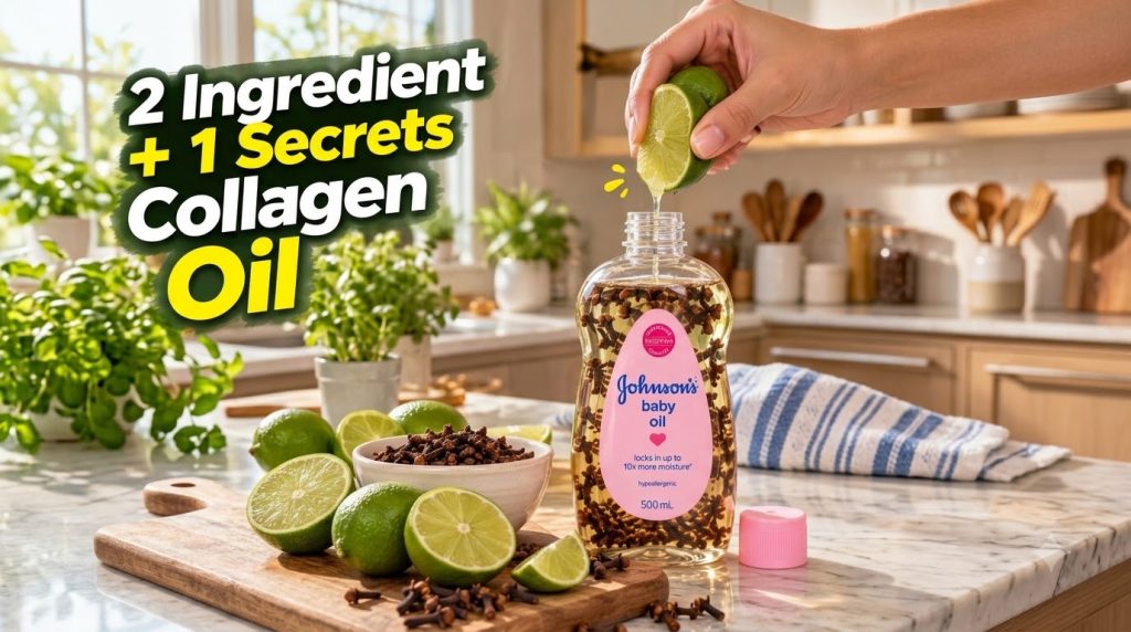 A hand squeezing a lime with juice dripping towards a bottle of baby oil infused with cloves Whole and sliced limes and 