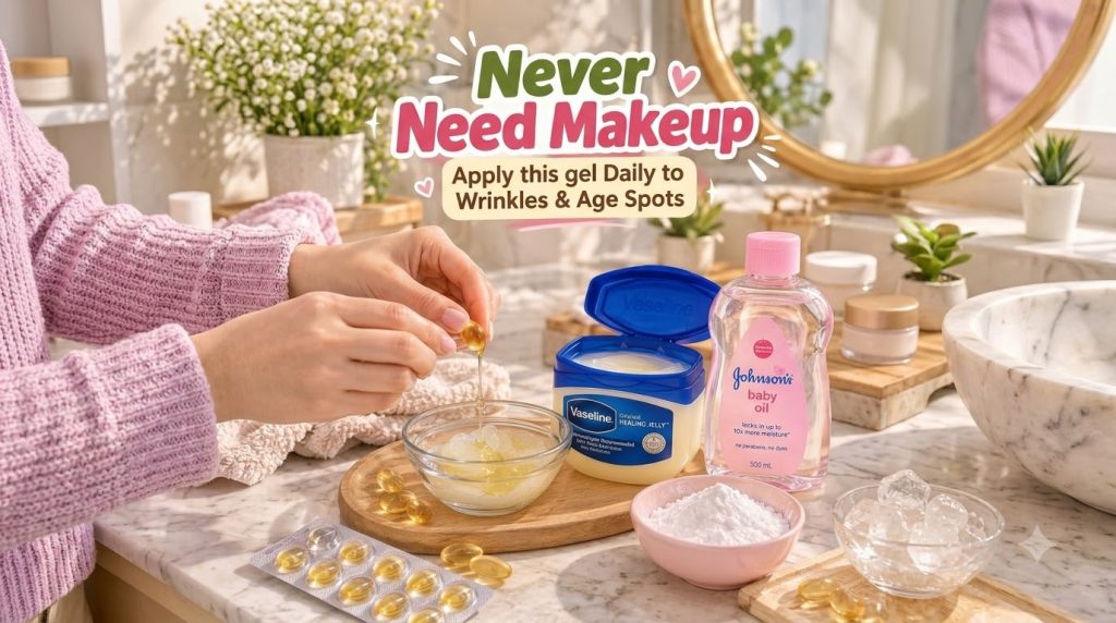 A person s hands squeezing an oil capsule into a bowl of Vaseline on a wooden board surrounded by skincare products like
