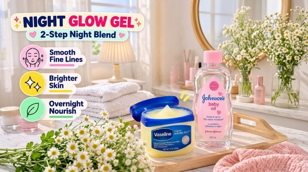 A beauty product arrangement featuring a large jar of Vaseline Original Healing Jelly and a bottle of Johnson s baby oil