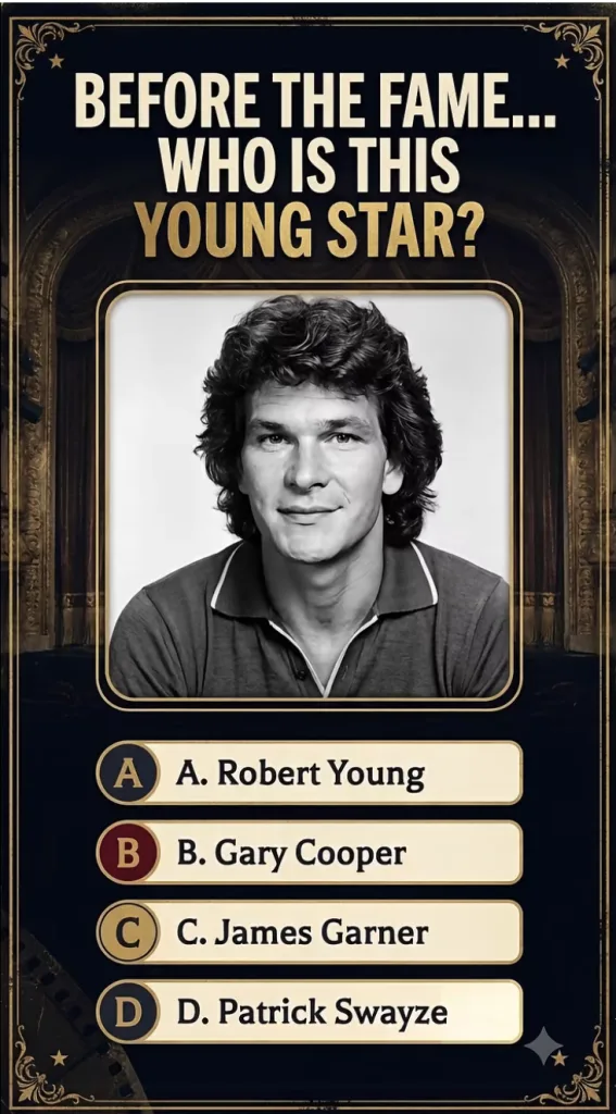 Black and white portrait of a young Patrick Swayze from the quiz image framed with a golden border