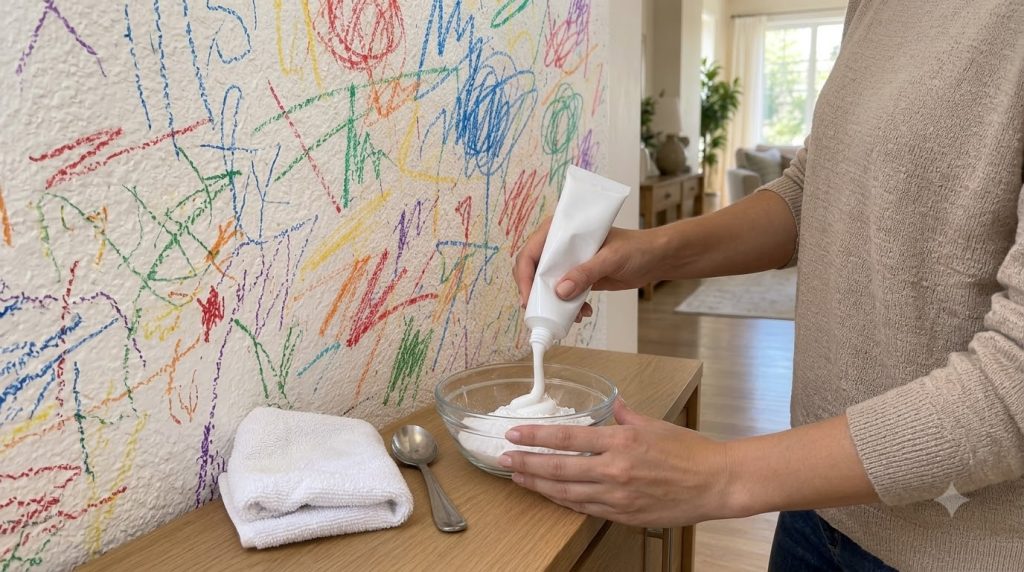 Hands squeezing white toothpaste from a tube into a glass bowl containing white baking soda powder mixing them to create
