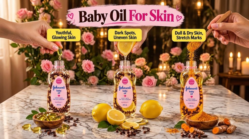 Three Johnson s baby oil bottles each infused with a different natural ingredient vitamin E lemon and turmeric all again
