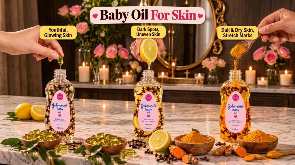 Three small bottles of Johnson s baby oil each infused with natural ingredients like lemon slices turmeric powder and wh