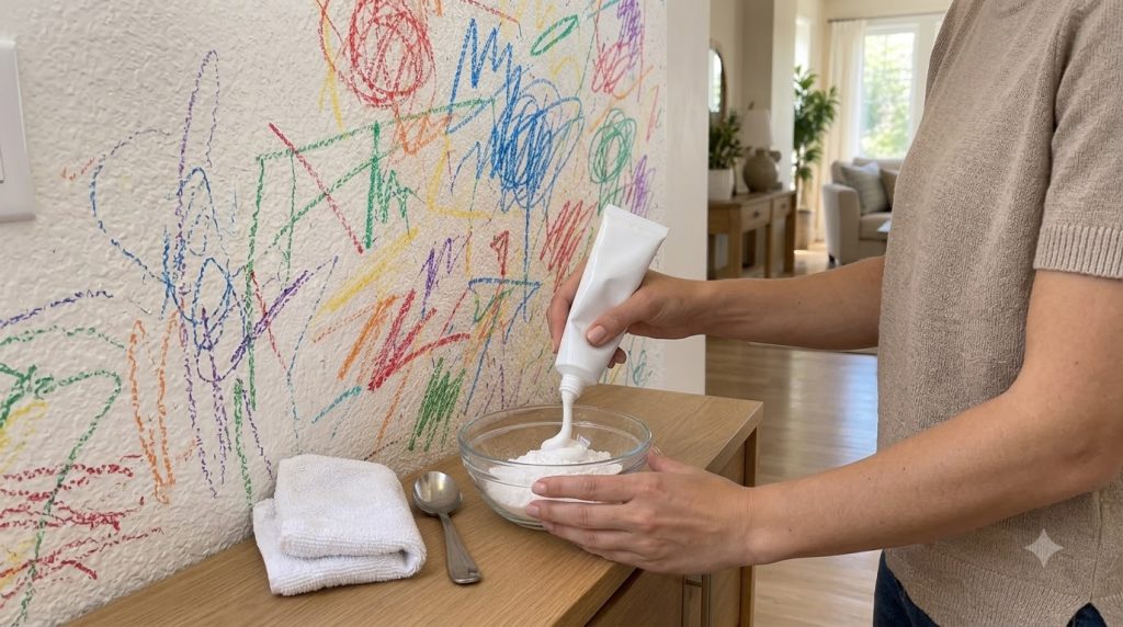 A close-up of hands squeezing white toothpaste into a glass bowl with white baking soda on a wooden cabinet A wall cover