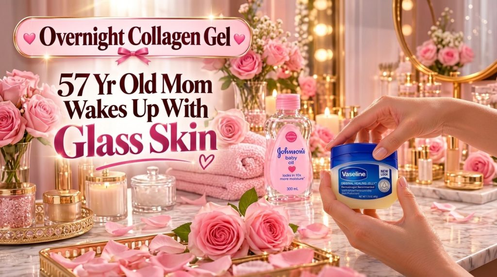 Hands holding a jar of Vaseline surrounded by a bottle of baby oil pink roses and lit candles on a marble surface with a