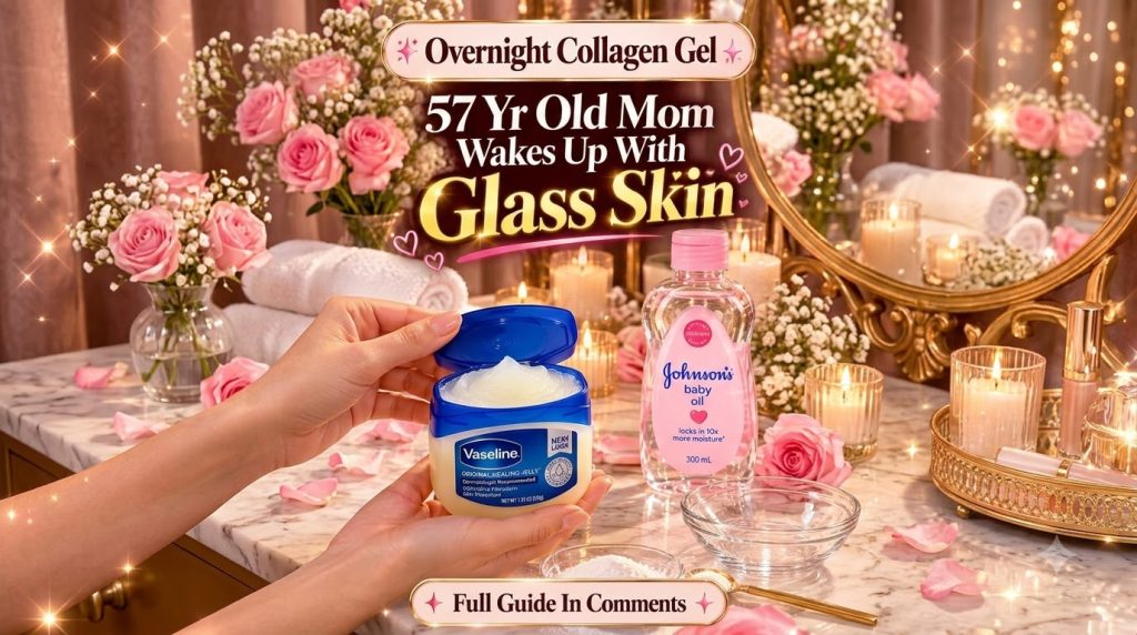 Hands holding an open jar of Vaseline with a bottle of Johnson s baby oil surrounded by lit candles pink roses and small