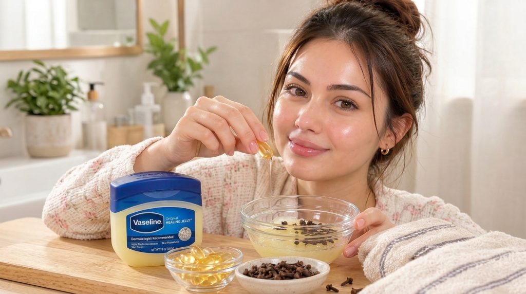 A smiling young woman with glowing skin is mixing ingredients in a bowl for a DIY face mask with natural ingredients lik