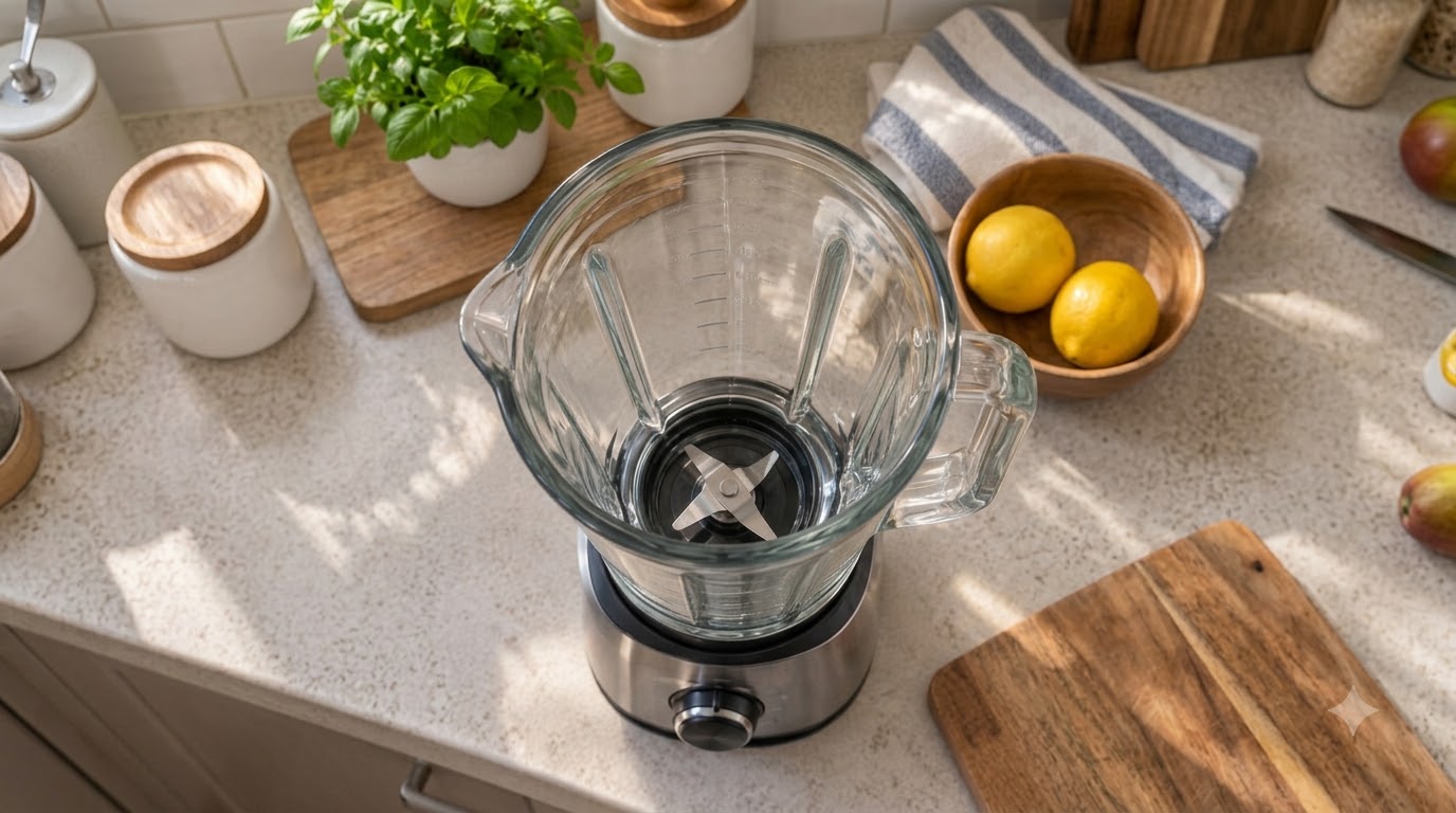 An empty glass blender jar on a kitchen countertop with a basil plant and lemon in the background