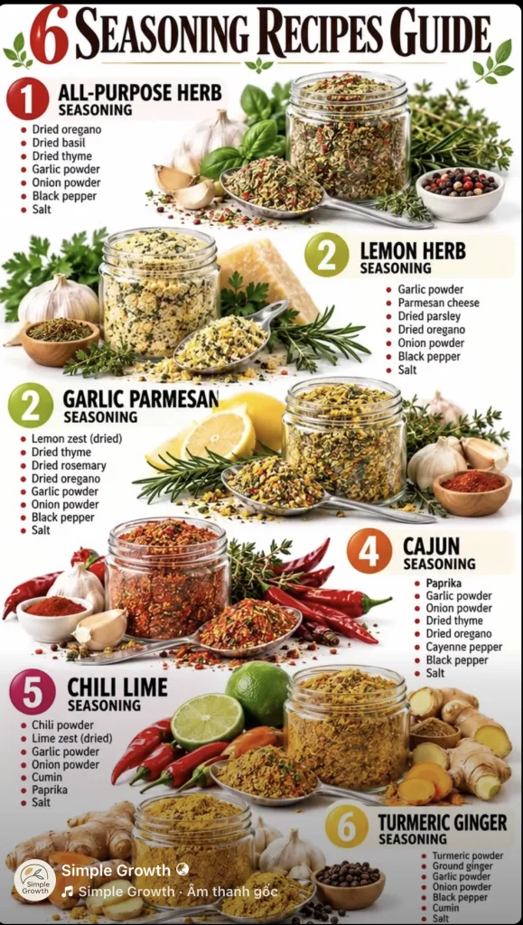 An array of six different homemade seasoning blends in clear glass jars with spoons surrounded by their fresh and dried 