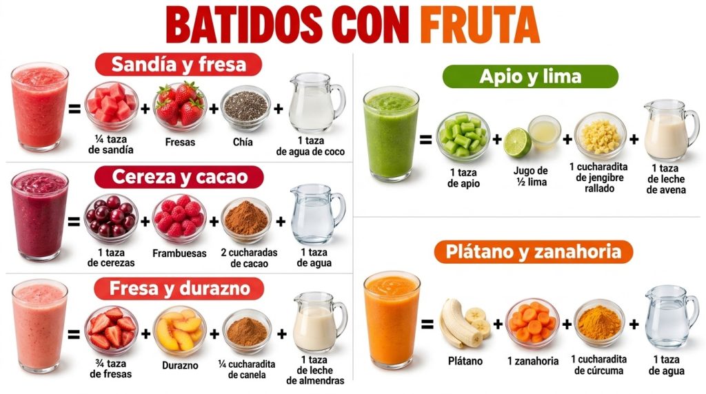 Five distinct vibrant smoothies in tall glasses each surrounded by its fresh ingredients fruits vegetables spices liquid