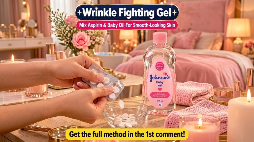A pair of hands dropping white aspirin pills from a blister pack into a small glass bowl with a large bottle of Johnson 