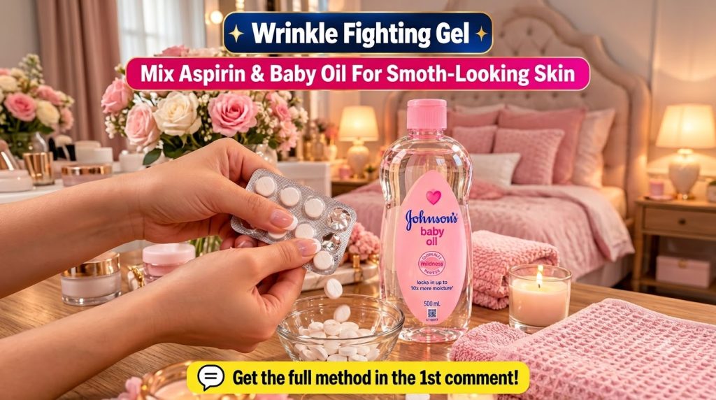 Hands crushing aspirin tablets into a small glass bowl with a bottle of baby oil next to it on a wooden surface set in a