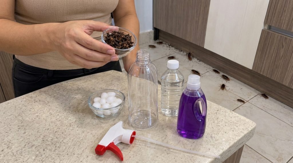 Hands holding a bowl of cloves next to other pest control ingredients like white vinegar purple floor disinfectant mothb