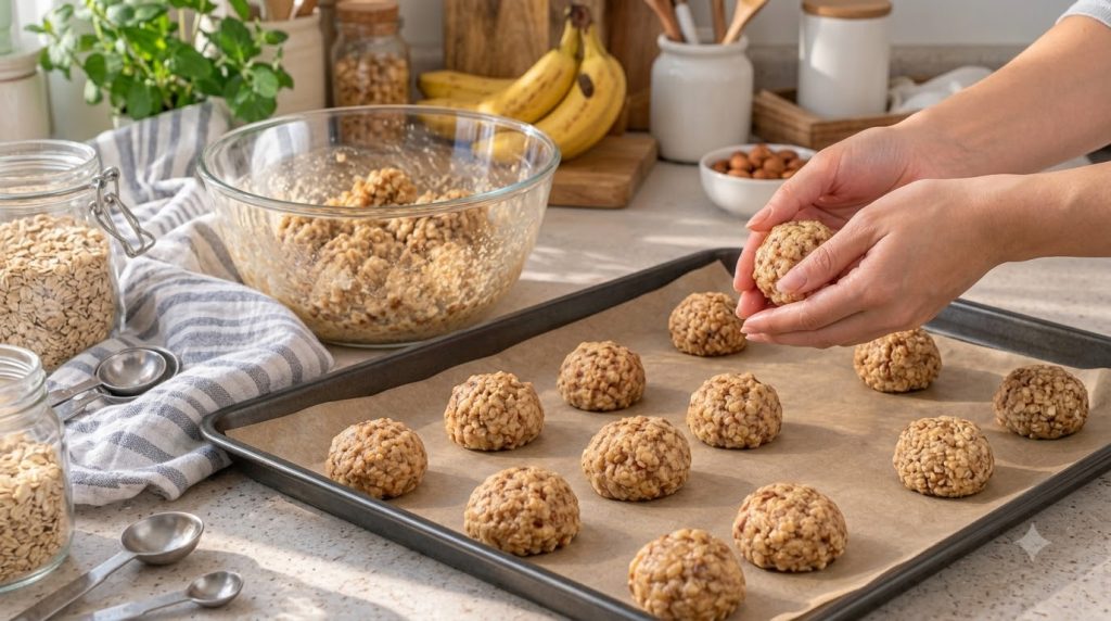 Close-up of hands gently shaping an oatmeal and nut cookie dough ball on a baking sheet lined with parchment paper Sever