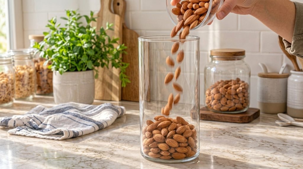 Almonds being poured from a glass bowl into a tall clear glass jar with existing almonds in the jar The background shows