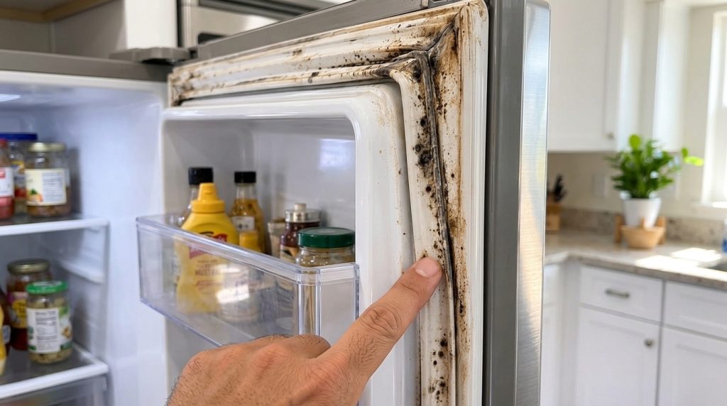 A close-up of a person s hand pointing at a heavily soiled and molded refrigerator door gasket The inside of the refrige