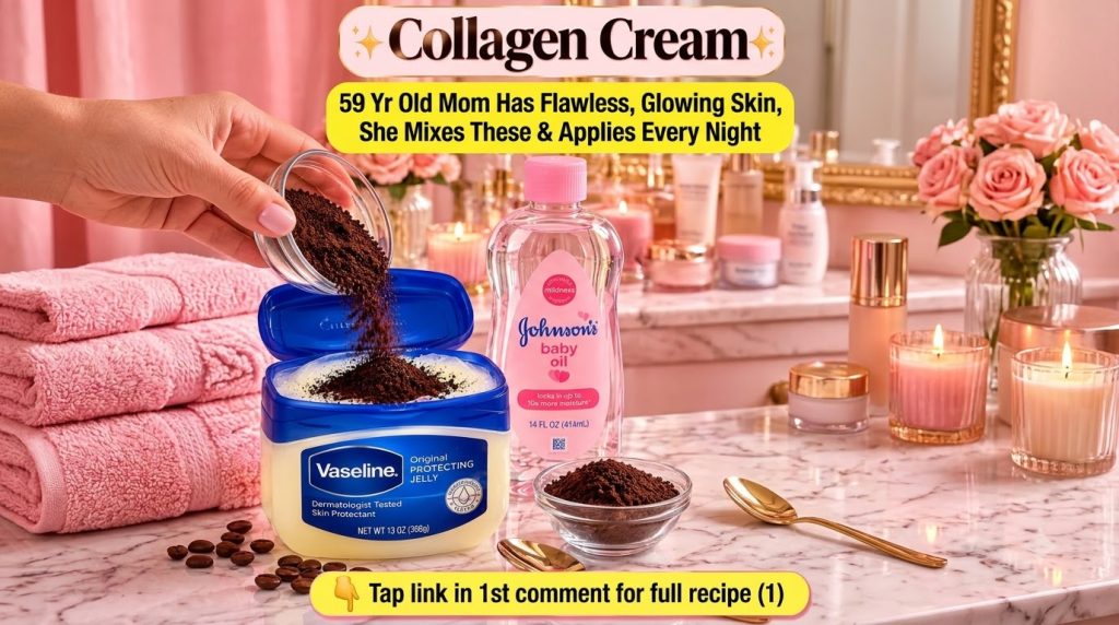 A close-up of hands mixing coffee grounds with Vaseline and baby oil in a bowl with a warm natural beauty setting
