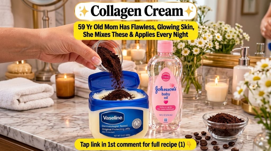 A hand pouring ground coffee into a small container of Vaseline on a marble surface with a bottle of baby oil nearby and