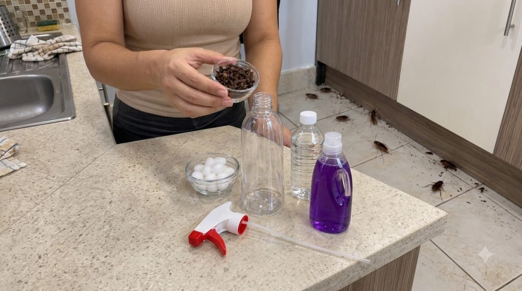 Person s hands holding a small glass bowl of cloves with an empty spray bottle mothballs water purple disinfectant liqui