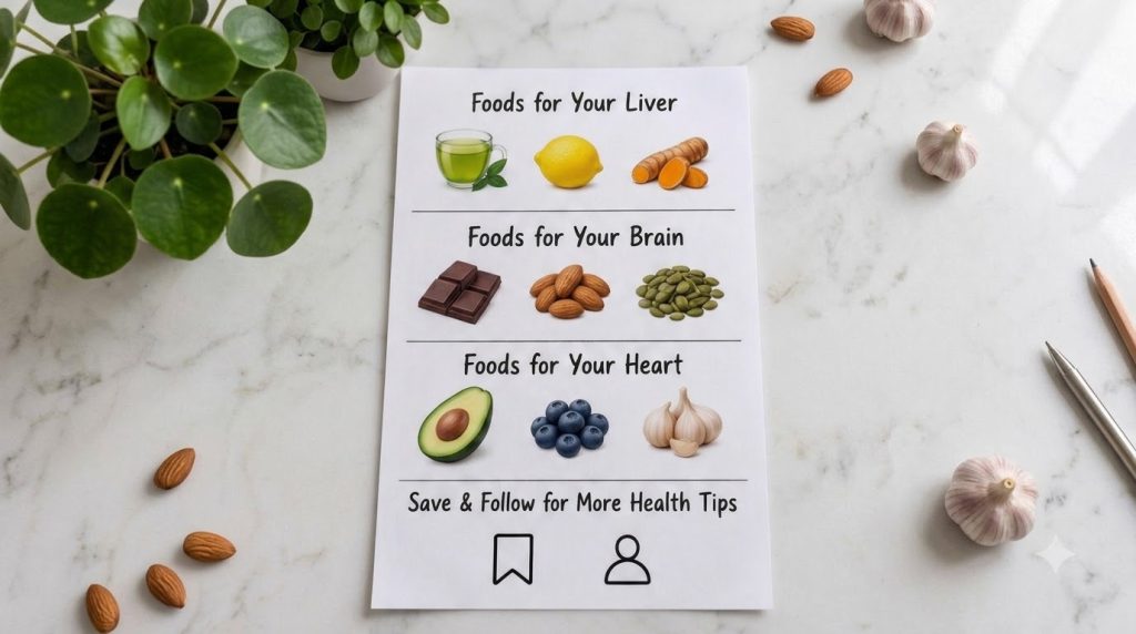 An array of colorful superfoods such as berries leafy greens avocados and nuts with subtle graphic overlays pointing to 