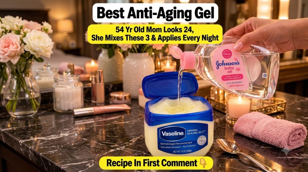 A hand pouring clear baby oil into a container of Vaseline set against a blurred background of floral arrangements and g