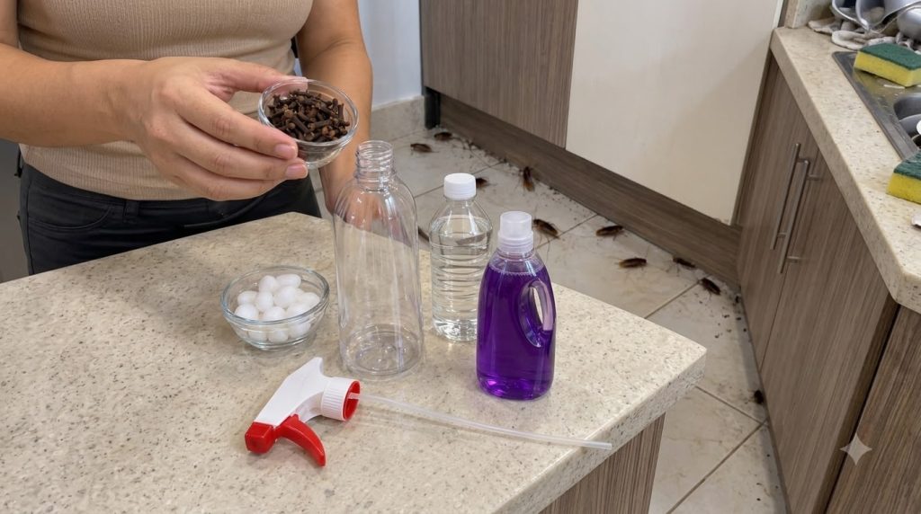 Hands holding a bowl of cloves over a kitchen counter with a spray bottle white vinegar and water nearby Cockroaches are