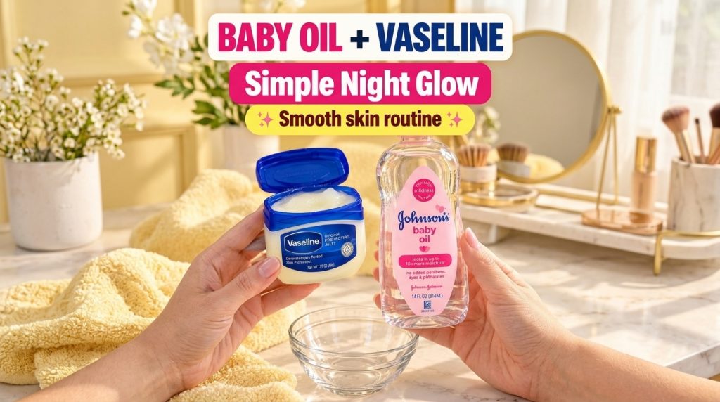 Two hands holding a jar of Vaseline and a bottle of Johnson s baby oil over a glass mixing bowl with a soft warm backgro