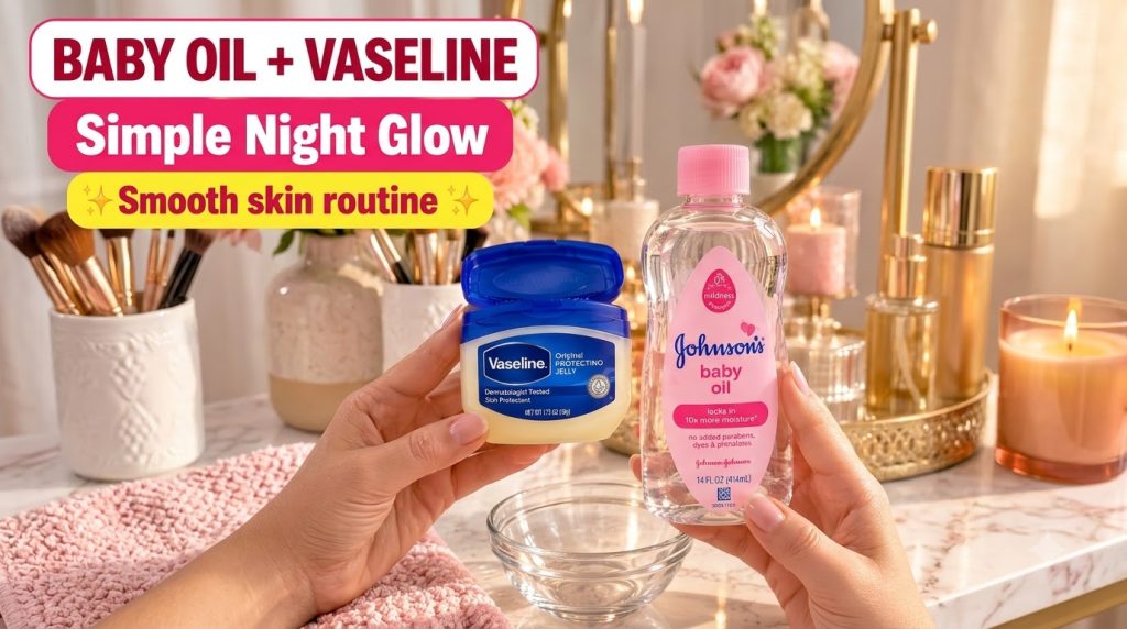 Hands holding a jar of Vaseline and a bottle of Johnson s Baby Oil over a glass bowl with a blurred background of pink f
