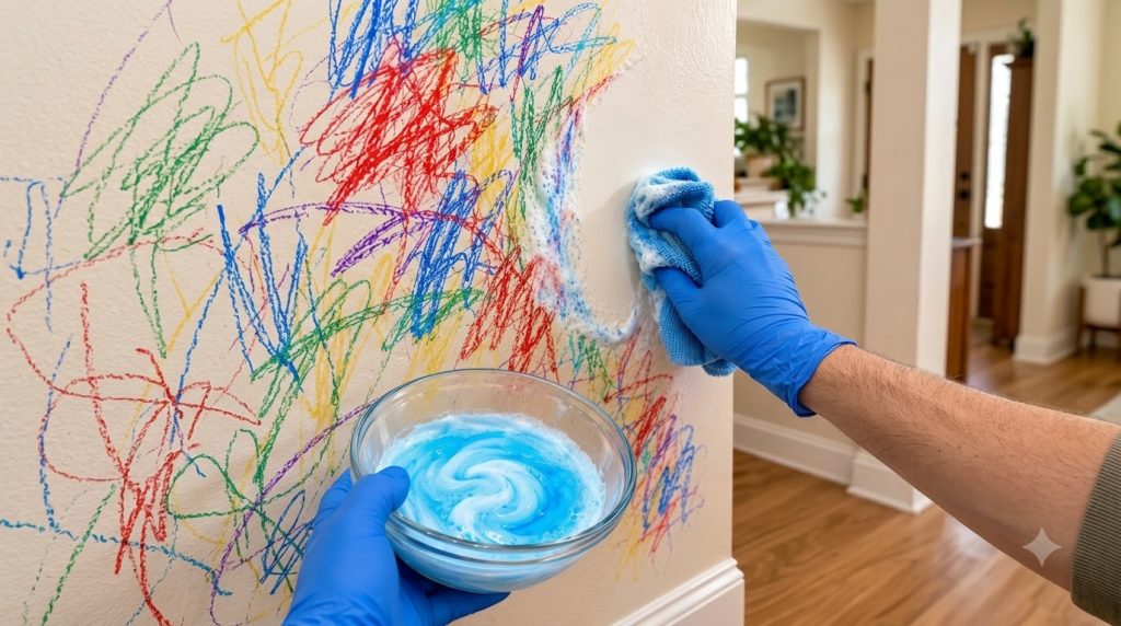 A hand in a blue glove scrubbing a wall covered in colorful crayon marks with a blue micro-fiber cloth creating white fo