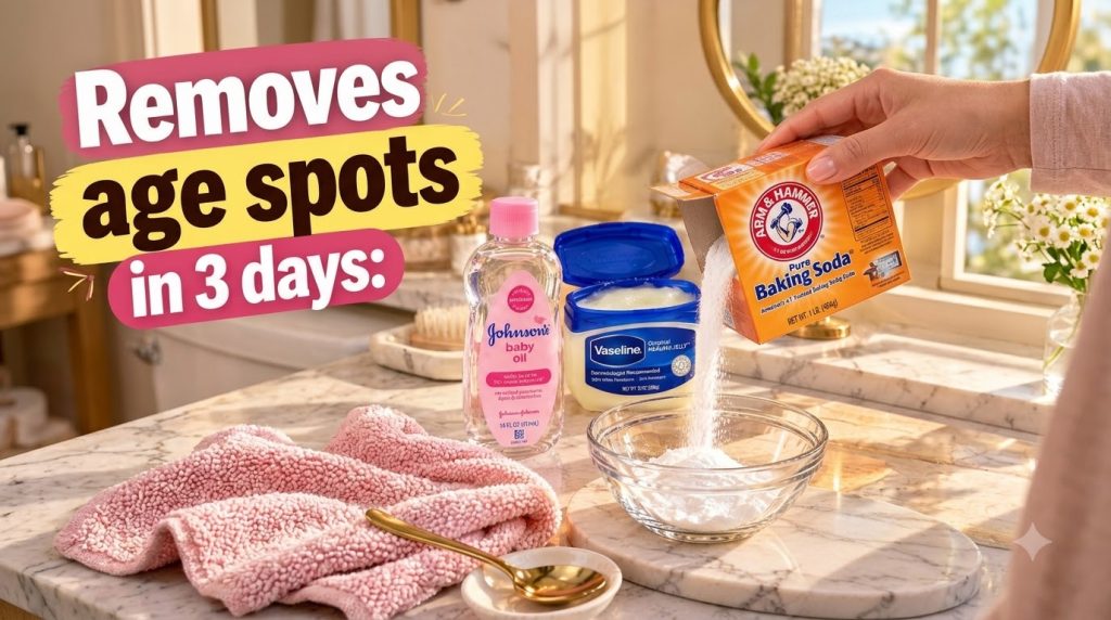 A hand pouring white baking soda into a clear glass bowl with bottles of Vaseline and baby oil nearby on a marble surfac