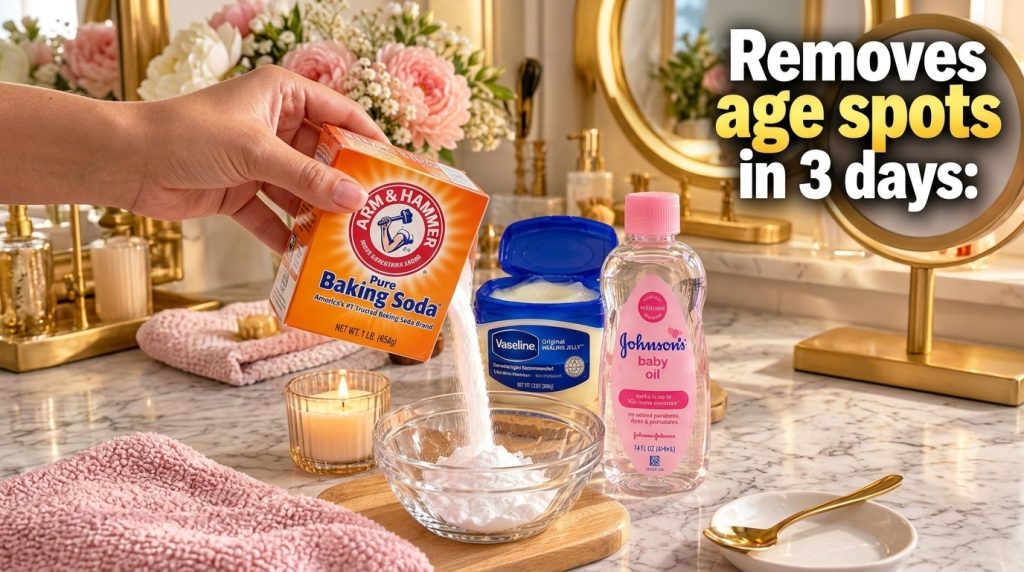A close-up of a hand pouring baking soda into a clear glass bowl with Vaseline and Johnson s Baby Oil bottles on a woode