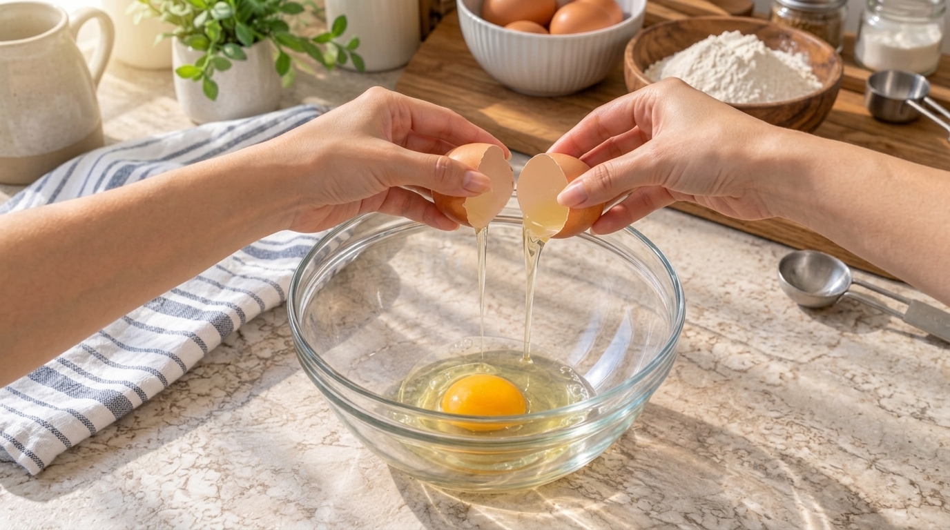 Hands cracking an egg into a clear glass bowl with baking ingredients like flour in the background