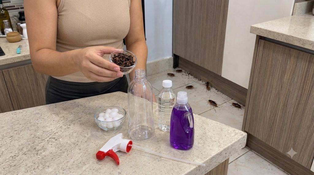 Hands holding a bowl of cloves over a kitchen counter with a spray bottle water purple disinfectant and mothballs with c