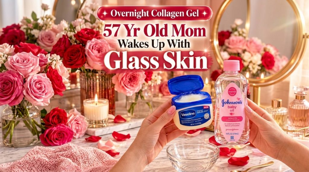 Hands holding a jar of Vaseline and a bottle of Vitamin E oil on a reflective marble surface with a romantic warm backgr