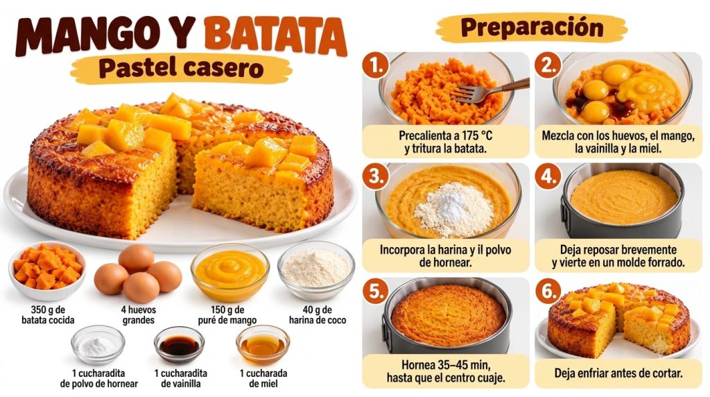 Un pastel casero de mango y batata recién horneado con una rebanada cortada mostrando su interior Está decorado con troz